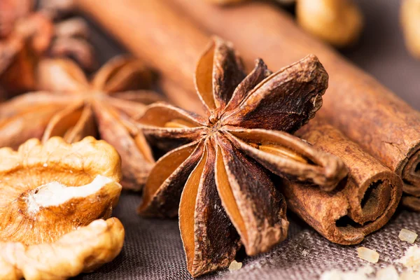 Star anise walnut cinnamon at christmas time on cloth background — Stock Photo, Image