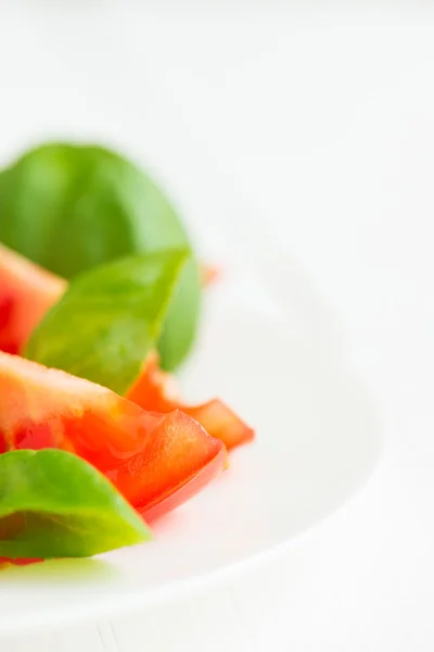 Fresh tomatoes with basil leaves in a plate — Stock Photo, Image