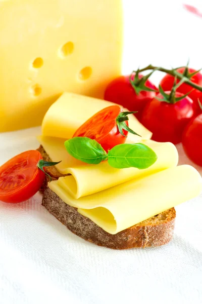 Sandwich con queso y tomates sobre mantel — Foto de Stock