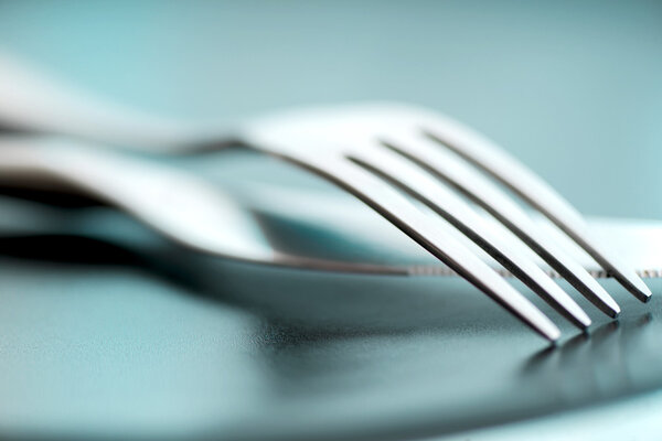 Artistic cutlery fork and knife macro on plate