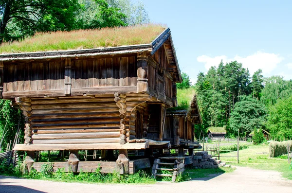 Традиционный норвежский деревянный дом с травой на крыше — стоковое фото