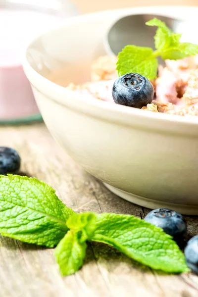 Müsli mit Joghurt und frischen Blaubeeren — Stockfoto