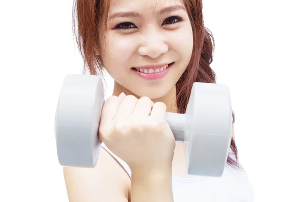 Beautiful asian woman with dumbbells — Stock Photo, Image