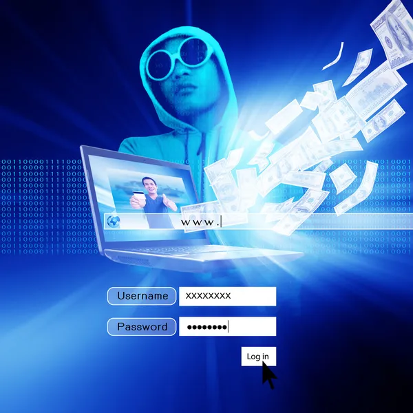 Hacker met log op scherm, computerfraude, financiële fraude, concept achtergrond — Stockfoto