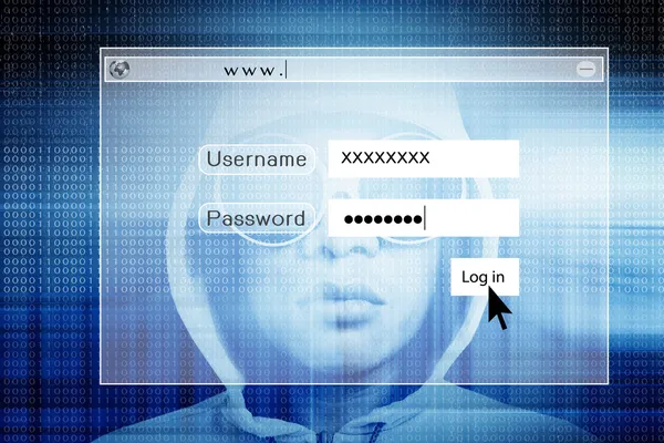 Хакер з журналом на екрані, тло концепції комп'ютерного шахрайства — стокове фото