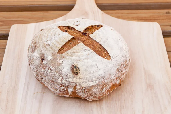 Round homemade whole grain bread with cranberry and walnut on a — Stock Photo, Image