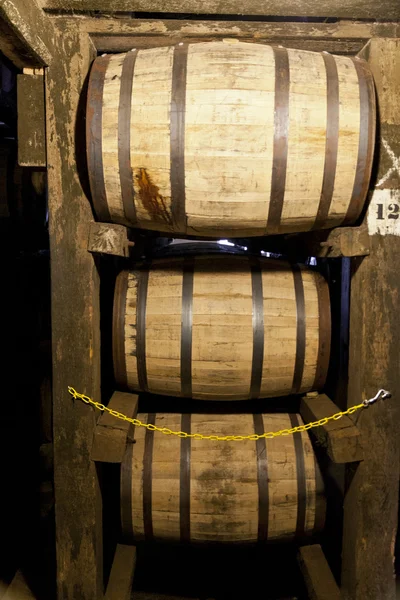 Barili di whisky o bourbon che invecchiano in un magazzino di distilleria — Foto Stock