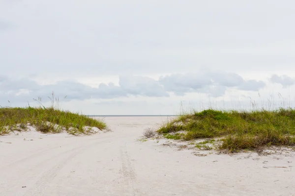 Путь к пустым песчаным пляжам между дюнами с травой — стоковое фото