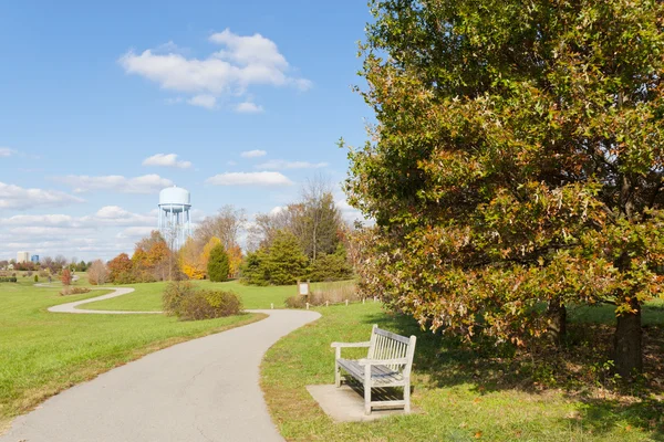 Panchina e percorso curva nel parco cittadino in autunno — Foto Stock