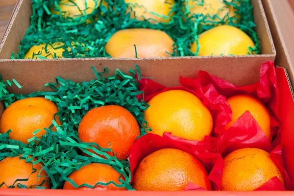 Caixa com citrinos - laranjas, toranjas e tangerinas — Fotografia de Stock