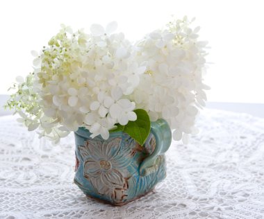 bir masaya beyaz ortanca çiçek buketi.