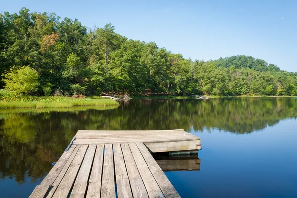 Letní pohled na jezero malé země s dřevěným molem. — Stock fotografie