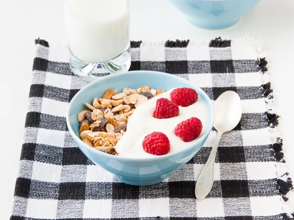 Bowl of healthy muesli with fresh raspberries — Stock Photo, Image