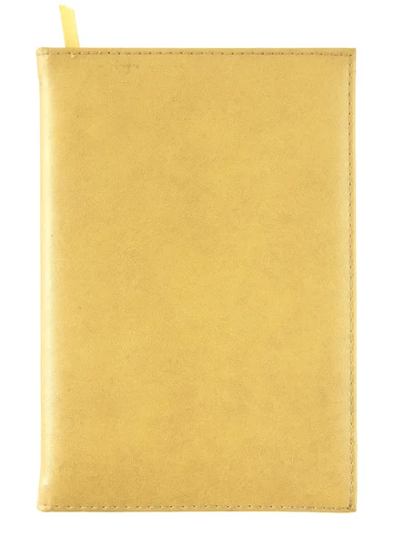 Capa de notebook de couro amarelo isolado no branco com clipping pa — Fotografia de Stock