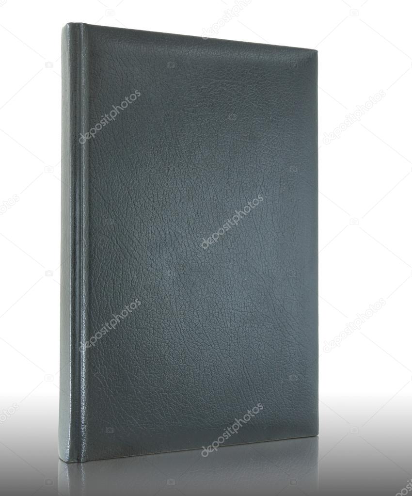Black empty leather book on reflect floor and white background