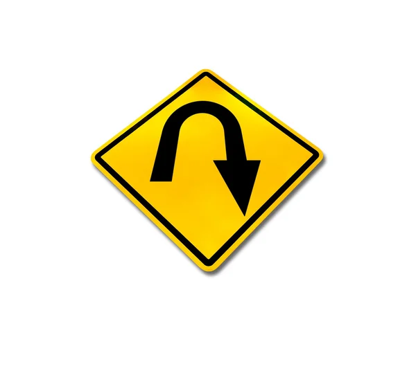 Amarelo diamante u-turn roadsign, isolado no fundo branco — Fotografia de Stock