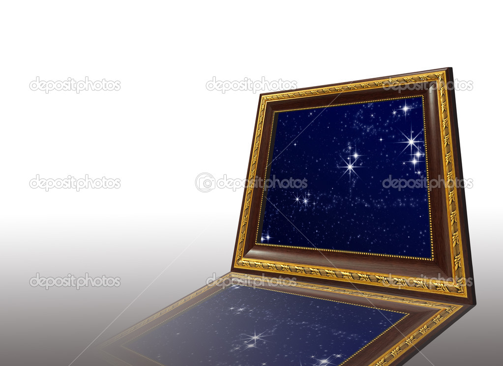 A photo of a wooden picture frame with the night sky setting inside