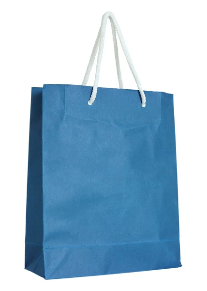 Beyaz kırpma yolu ile izole mavi kağıt çanta — Stok fotoğraf