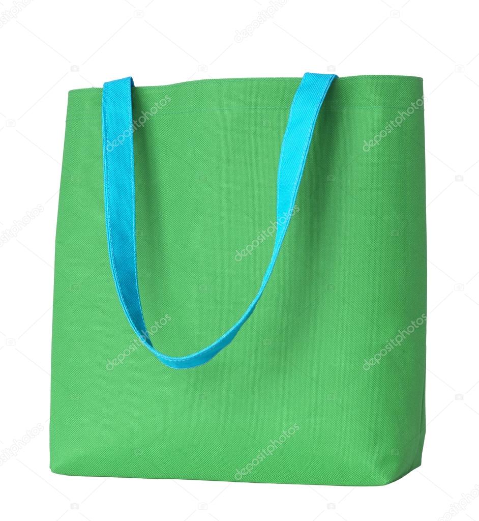 Green shopping fabric bag isolated on white background with clip