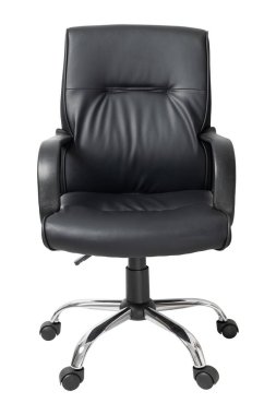 front view of black leather office chair isolated on white with clipping path