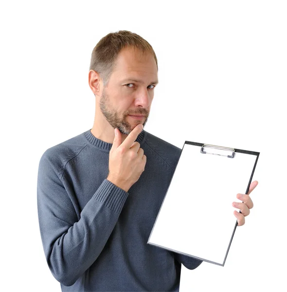 Refléter l'homme en gris avec une tablette isolée sur blanc — Photo