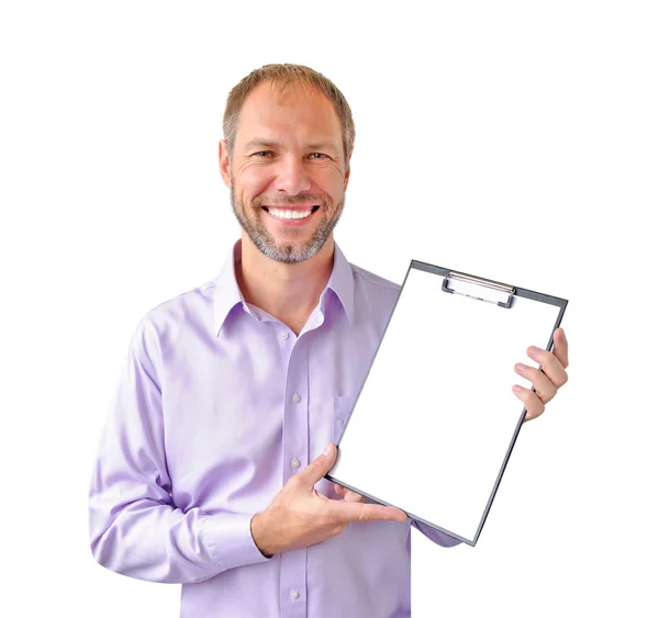 Hombre sonriente con una tableta aislada sobre fondo blanco — Foto de Stock
