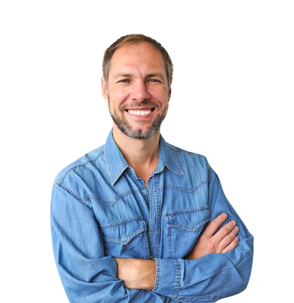 Lächelnder Mann im Jeanshemd isoliert auf weißem Hintergrund Stockbild