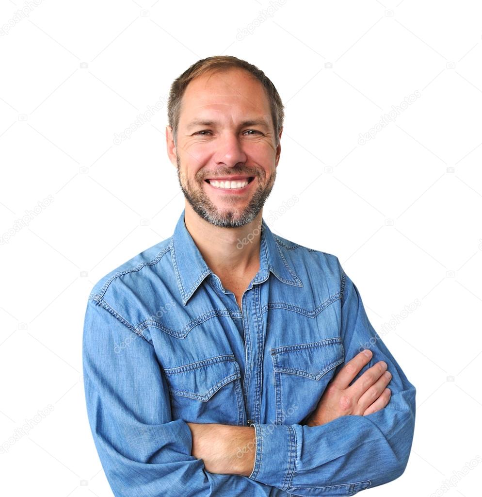 Smiling man in denim shirt isolated on the white background