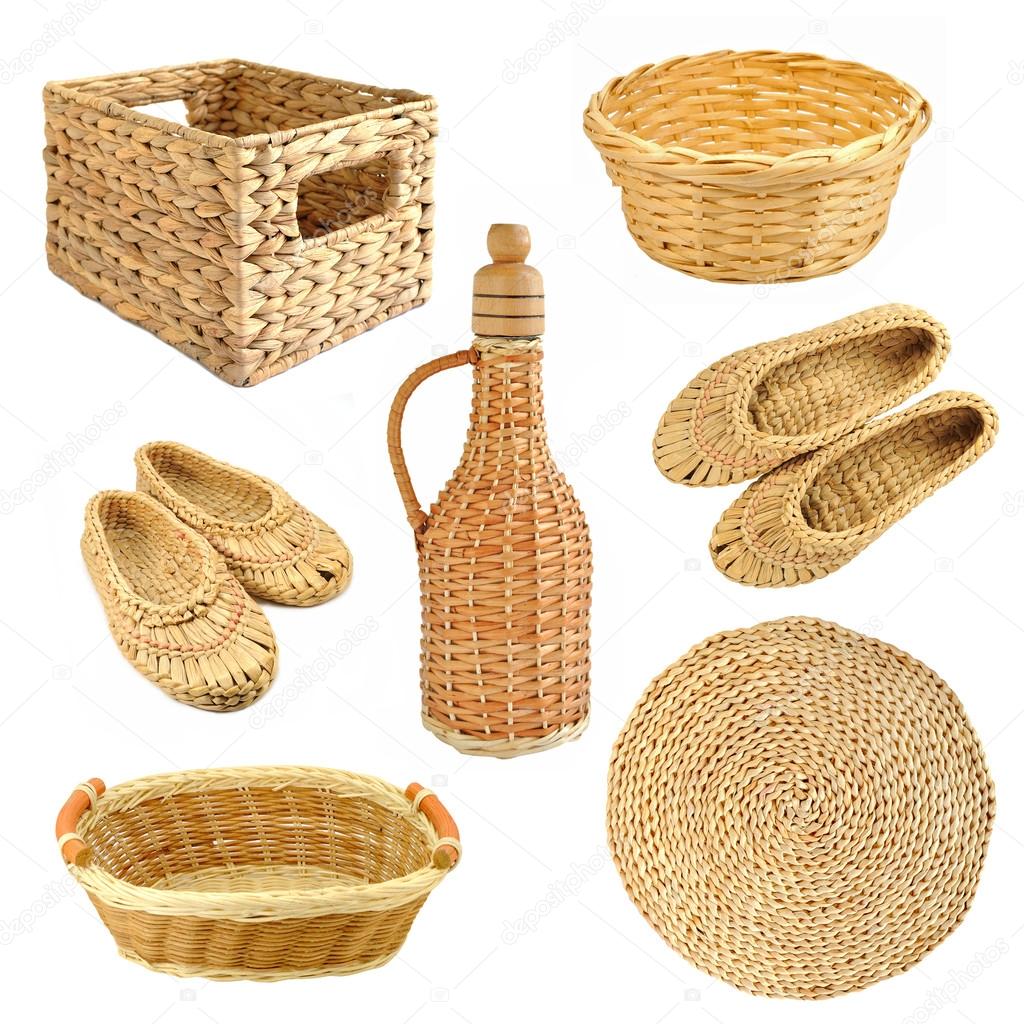 Set of wicker object isolated on white background