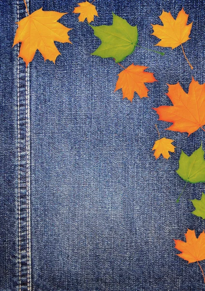 Denim scrapbook achtergrond met Herfstbladeren — Stockfoto