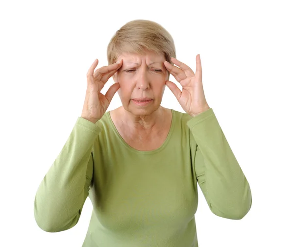 Vecchia donna con mal di testa isolato sullo sfondo bianco — Foto Stock