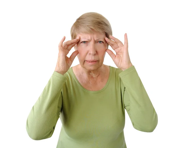 Old woman with a headache isolated on the white background — Stock Photo, Image