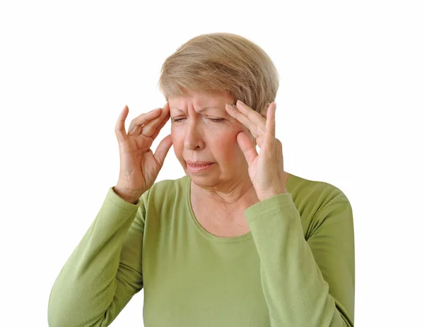 Old woman with a headache isolated on the white background — Stock Photo, Image