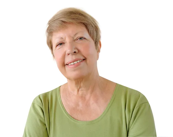 Retrato de mulher idosa no fundo branco — Fotografia de Stock