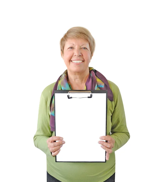 Smiling woman in green with a tablet isolated on white backgroun — Stock Photo, Image