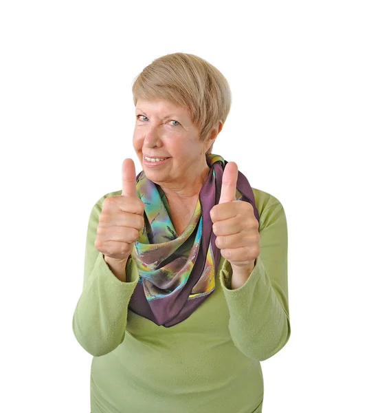 Sorrindo mulher em verde mostrando polegar para cima isolado em branco backgr — Fotografia de Stock