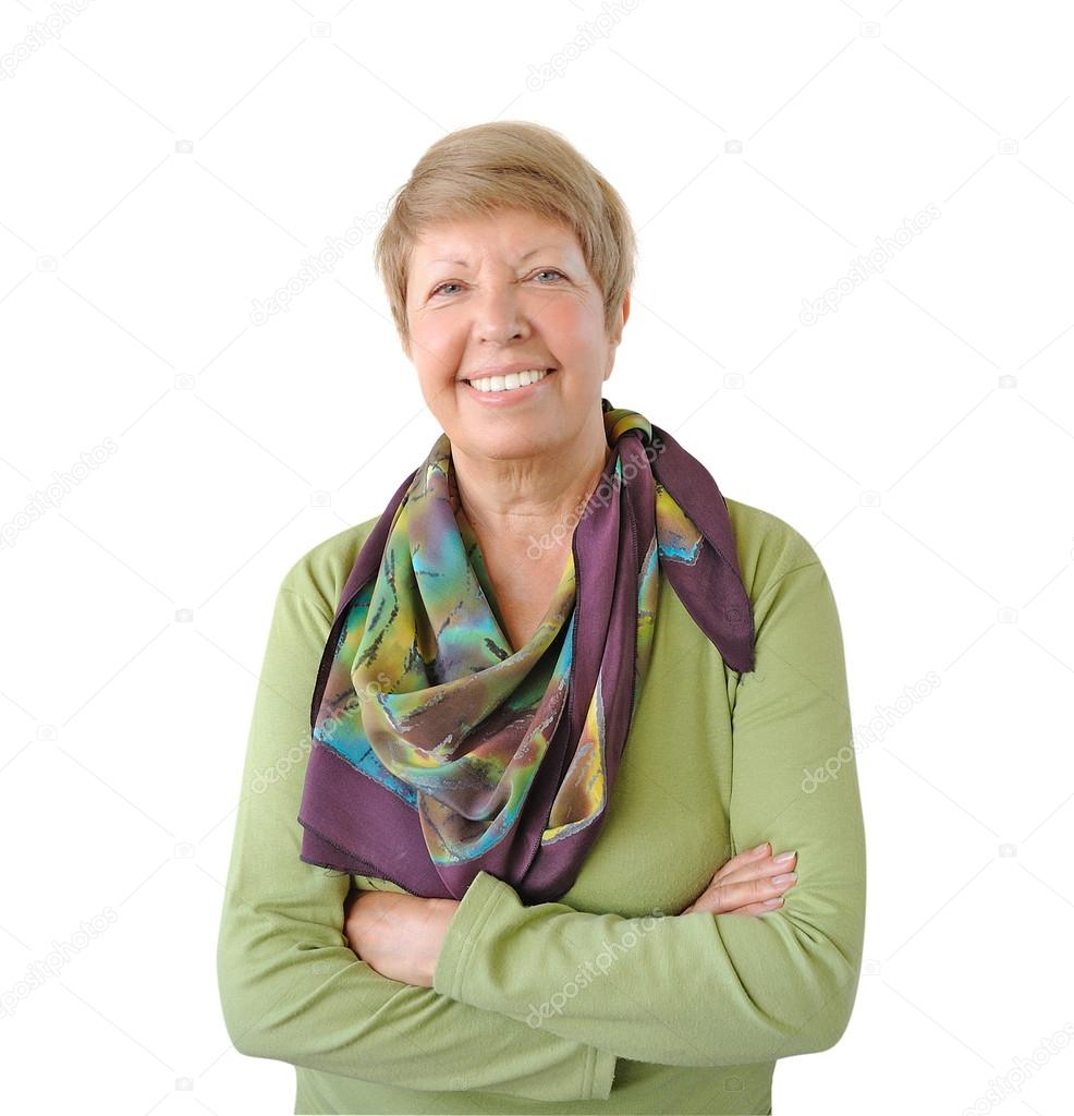 Smiling woman in green isolated on white background