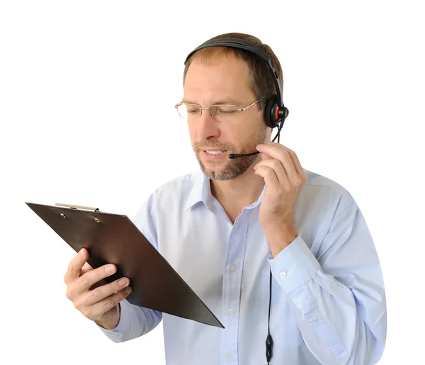 Retrato do operador de telefone isolado no fundo branco — Fotografia de Stock