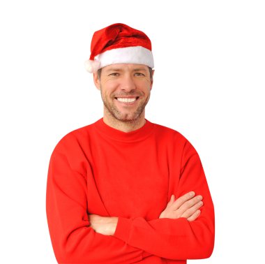 üzerinde beyaz izole Noel Baba şapkası giyen Noel adam gülümsüyor