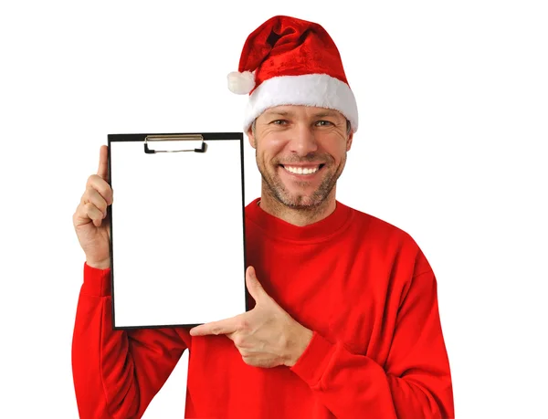 Smiling christmas man wearing a santa hat isolated on the white — Stock Photo, Image