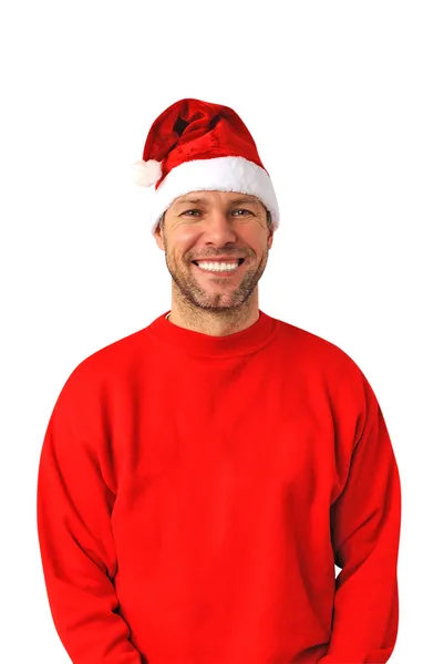 Homme de Noël souriant portant un chapeau de Père Noël isolé sur le blanc — Photo