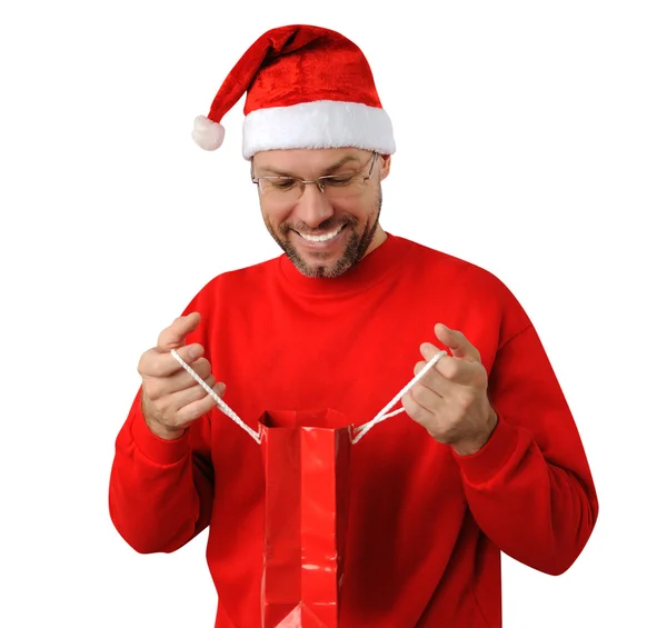 Uśmiechnięty mężczyzna Boże Narodzenie w kapeluszu santa na białym tle — Zdjęcie stockowe