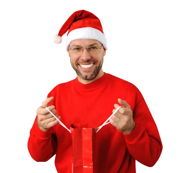पांढरा वर वेगळे एक सांता हॅट परिधान स्मित ख्रिसमस माणूस — स्टॉक फोटो, इमेज