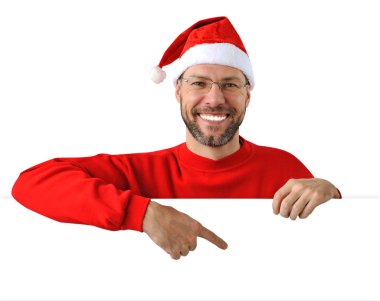 üzerinde beyaz izole Noel Baba şapkası giyen Noel adam gülümsüyor