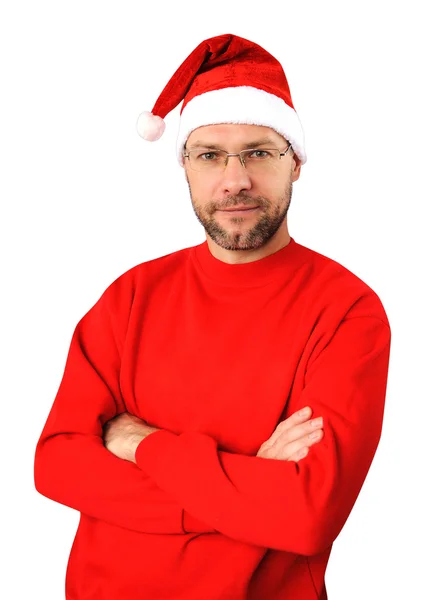 Sorrindo homem de Natal vestindo um chapéu de Papai Noel isolado no branco — Fotografia de Stock