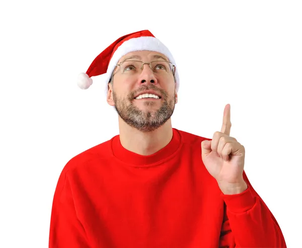 크리스마스 남자는 흰색 절연 산타 모자를 쓰고 웃 고 — 스톡 사진