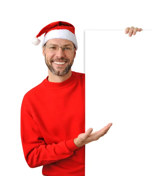 微笑着戴上白色隔离着圣诞老人帽子圣诞节男人 — 图库照片
