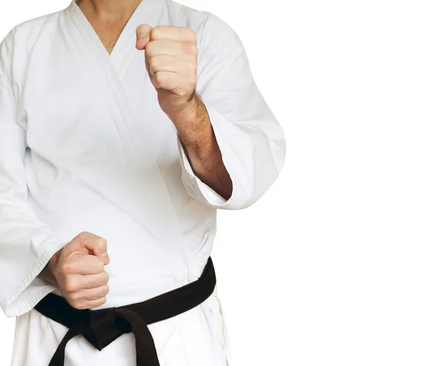 Mann im Kimono und Gürtel für Kampfkunst auf weißem Hintergrund — Stockfoto