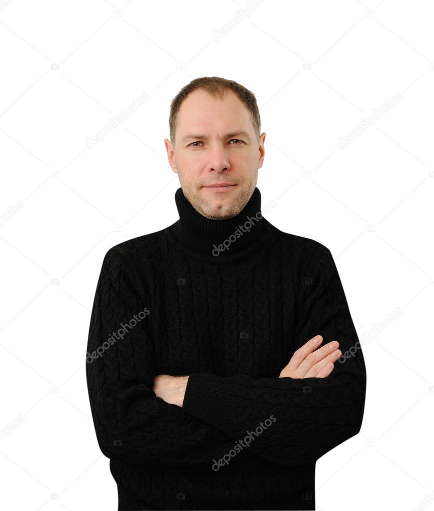 Sly man in black isolated on the white background