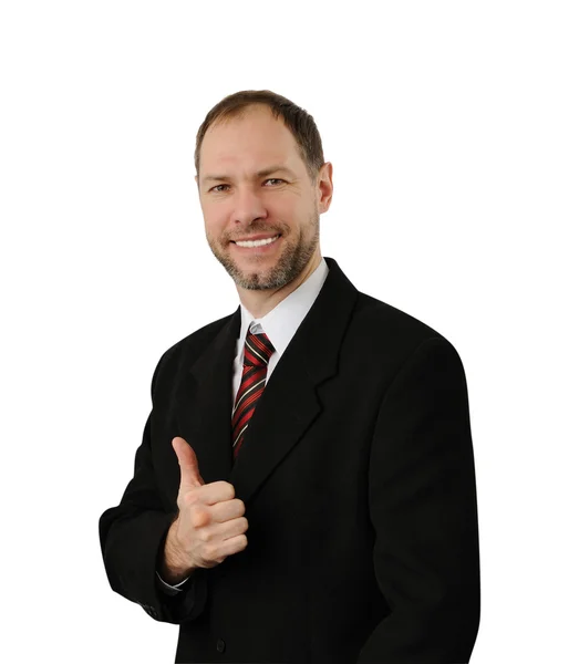 Улыбающийся бизнесмен держит большой палец на белом фоне — стоковое фото